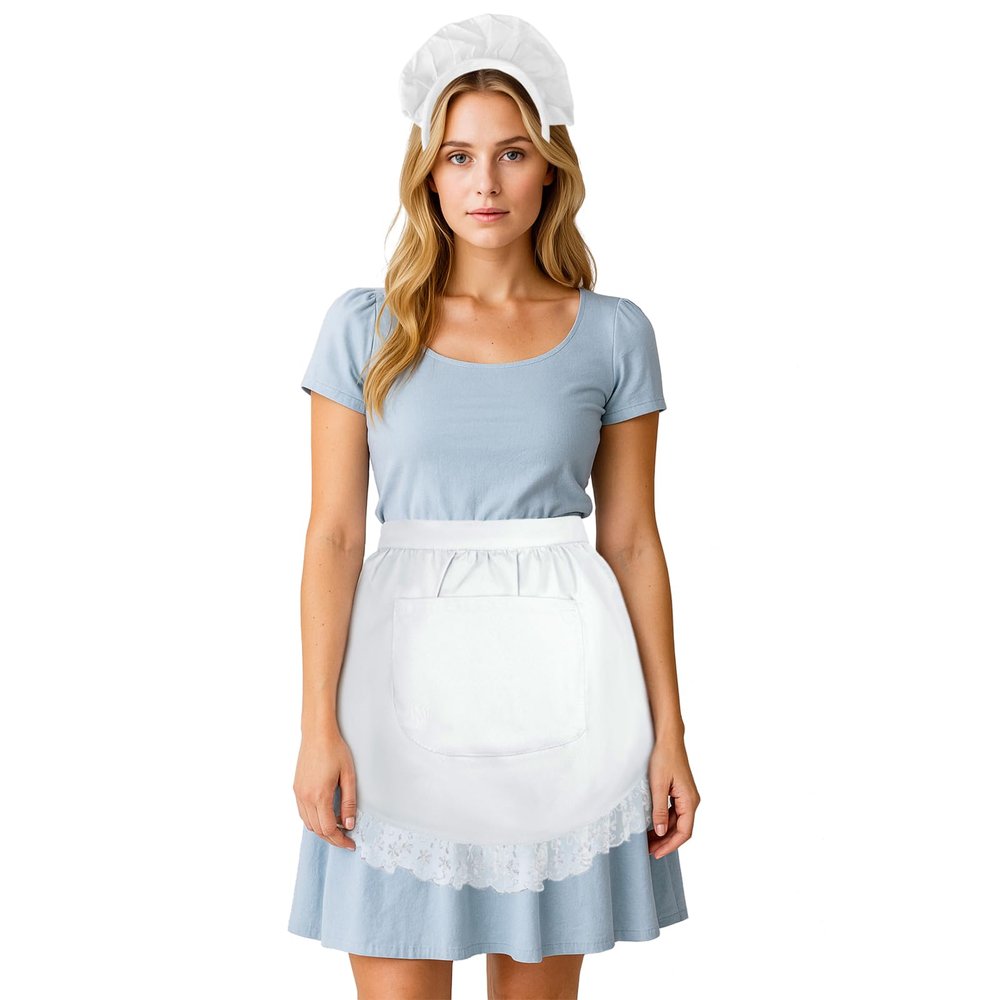 Aspire Waist Apron and Headband Set with Pocket, White Cotton Kitchen Half Apron for Cooking, Women Costume Maid Apron - L