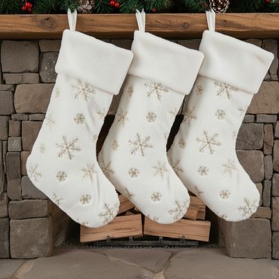 AOGU 3 Pack 22 Inch Faux Fur Sequin Snowflake Christmas Stockings Snowy White Christmas Stockings Hanging Ornaments Candy Gift Bags for Christmas Decorations, Gold