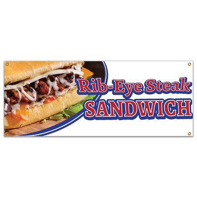 SignMission Rib-Eye Steak Sandwich 48" Banner Concession Stand Food Truck Single Sided