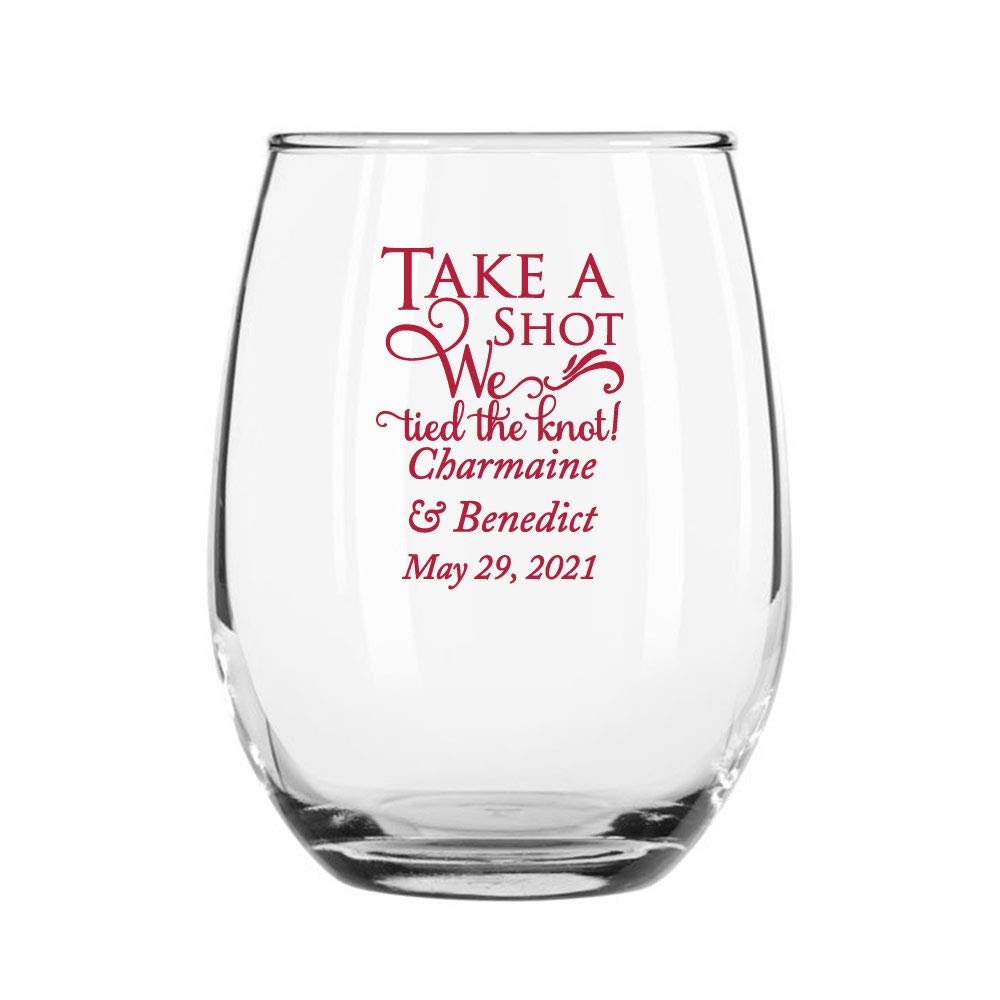 144 Pack Take A Shot We Tied the Knot Red Stemless 9 oz Wine Glass
