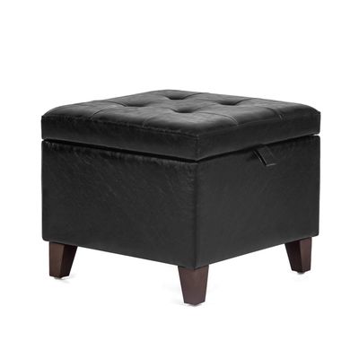 Homebeez Tufted Faux Leather Storage Ottoman Square Footrest Stool Bench, Cube Padded Seat (Black)