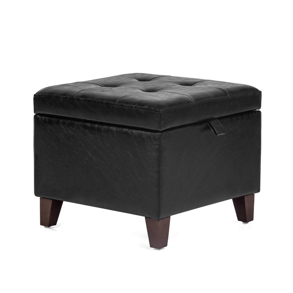 Homebeez Tufted Faux Leather Storage Ottoman Square Footrest Stool Bench, Cube Padded Seat (Black)