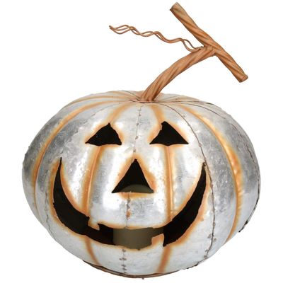 AB Tools Silver Pumpkin Jack O Lantern Halloween Light Up Candle Metal Decoration Garden
