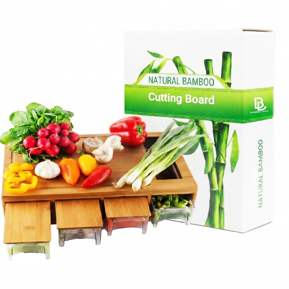 BAMBOO LAND- Large Bamboo Cutting Board with Containers, Food Prep Station, Cutting Board with Storage