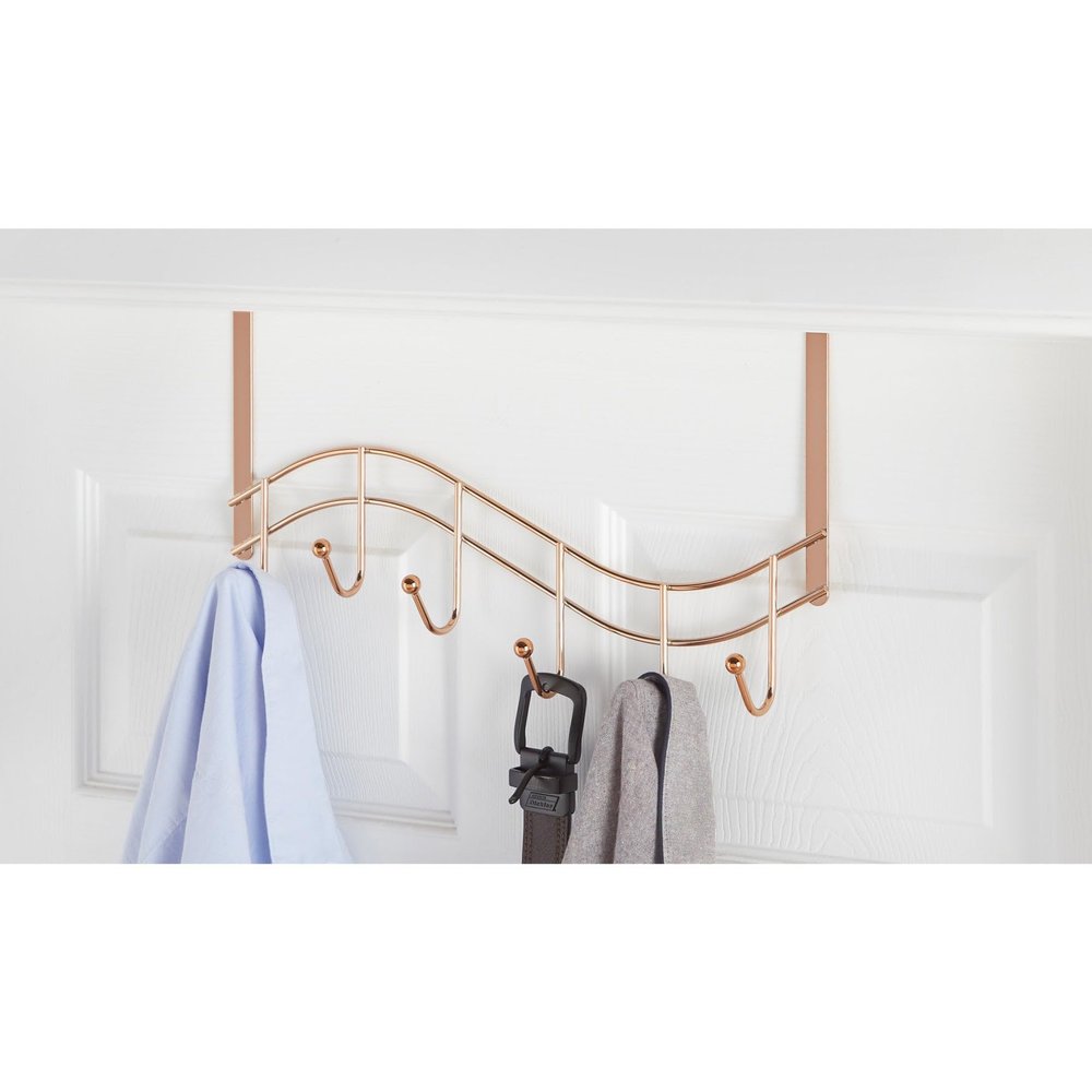 BrylaneHome Over-The-Door Rack 6 Hooks, Metal Hanger Towel Rack Coat Rack for Clothes Hat Towel, White Door Mount - Bronze