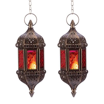 2 Pcs Hanging Hexagon Decorative Moroccan Candle Lantern Holders, Handmade Hanging Tea Light Holder in Bronze Metal & Red & Purple Glass Gift & Decor Items