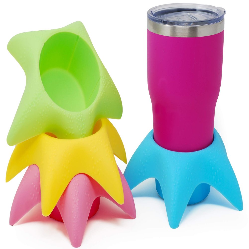 Island Genius Starfish 4-Pack Beach Cup Holders, Sand-Free Drink Holders, Beach Essentials for Family, Adults, Kids, Multicolor Mesh Coasters