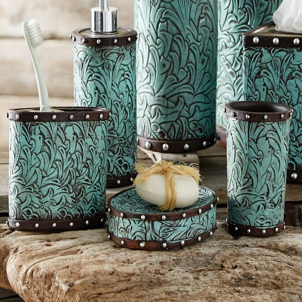 BLACK FOREST DECOR - Tooled Turquoise Flowers Bath Set - Includes Tumbler, Soap Dish, and Toothbrush Holder - 3 Piece Set