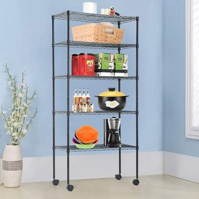 Bigacc 5 Tier Wire Shelving Unit Rack NSF Heavy Duty Height Adjustable Storage Shelf Metal Shelving with Wheels/Feet Levelers Garage Kitchen Office Commercial Shelving - Black - 30x14x60