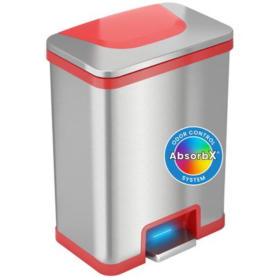 iTouchless 13 Gallon Automatic Step Sensor Trash Can with Odor Control System, Stainless Steel Kitchen Pedal Touchless Garbage Bin, Powered by Batteries or AC Adapter (not Included), Autostep, Red, Model:ITAS13R