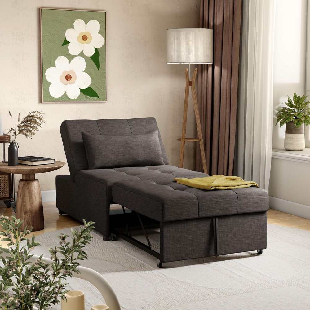 24/7 Shop at Home Meekers Contemporary Convertible Bed Ottoman, Pull Out Chair, Small Sleeper Sofa For Small Spaces, Studio Apartment Furniture, Home Office, Living Room, Dark Gray