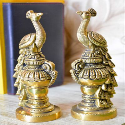 Aakrati Pair of Handmade Small Sitting Brass Peacock Figurine Showpiece - Table Decor Gift