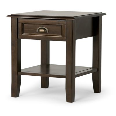SIMPLIHOME Burlington End Table - 18 inch Wide Solid Wood Square Accent Table with Drawer and Open Shelf in Mahogany Brown, Transitional Nightstand or Lamp Stand for Living Room or Bedroom