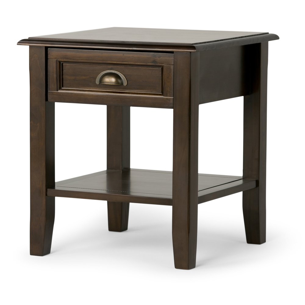 SIMPLIHOME Burlington End Table - 18 inch Wide Solid Wood Square Accent Table with Drawer and Open Shelf in Mahogany Brown, Transitional Nightstand or Lamp Stand for Living Room or Bedroom