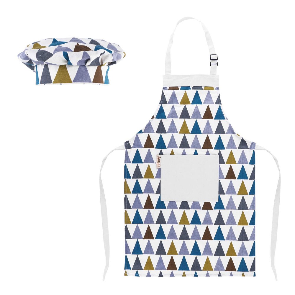 Aurya Kids Apron and Chef Hat Set-Adjustable Child Apron for Boys and Girls for Cooking Baking Triangles