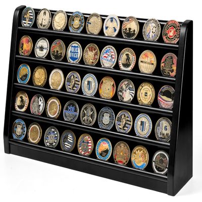 DecoWoodo Challenge Coin Display Case, 5 Row Military Coin Wooden Holder Rack Stand Holds 50 Coins for Desk or Wall Mount, Coin Holders for Collectors (Black Finish)