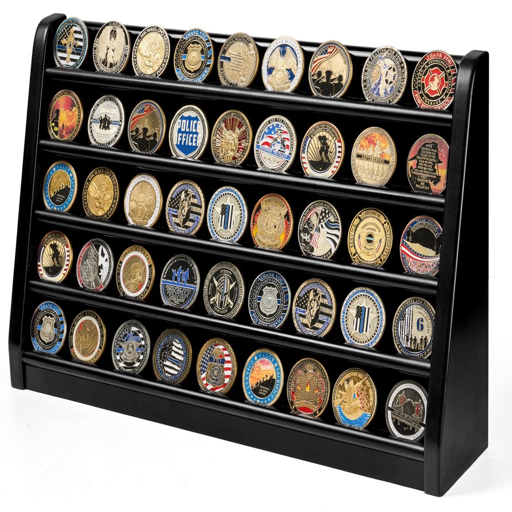 DecoWoodo Challenge Coin Display Case, 5 Row Military Coin Wooden Holder Rack Stand Holds 50 Coins for Desk or Wall Mount, Coin Holders for Collectors (Black Finish)