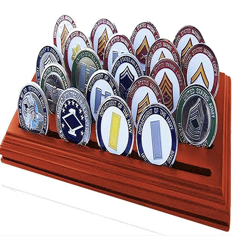 DECOMIL Challenge Coin Holder, Military Coin Display Case Solid Walnut - Medium (5 Rows)