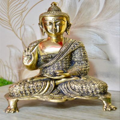 Aakrati Glossy Antique Finished 9 inch Meditating Brass Buddha Figurine Showpiece for Home Temple or Decoration