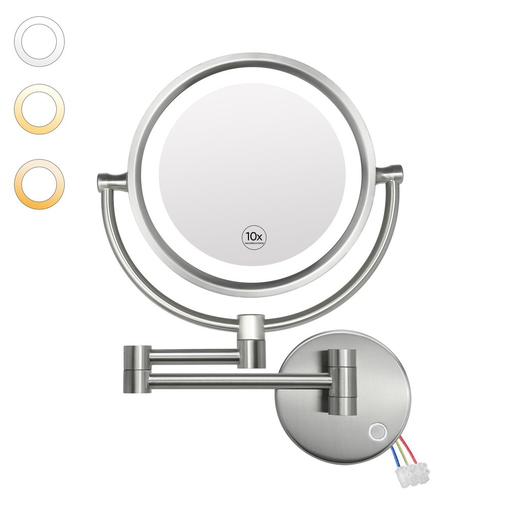 GURUN Wall Mounted Hardwired Makeup Mirror with 3 Dimmable LED Lights 10x Magnifying Mirror for Bathroom Touch Control 13" Extendable Arm Direct Wire Brushed Nickel M1809DN (10x,Nickel)