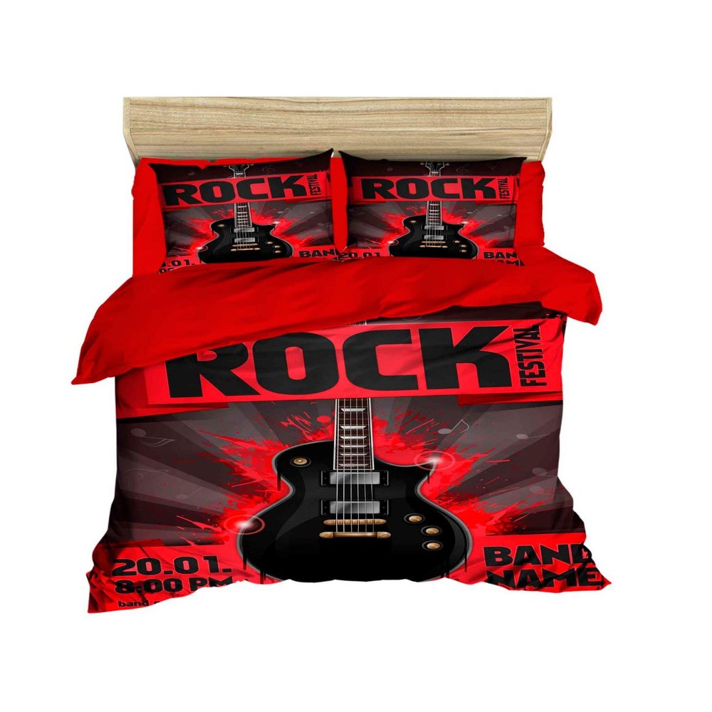 100% Cotton 3D Music Bedding Set, Rock Guitar Themed Quilt/Duvet Cover Set, Full/Queen Size Bed Set, Red, No Flat or No Fitted Sheet (3 Pieces)