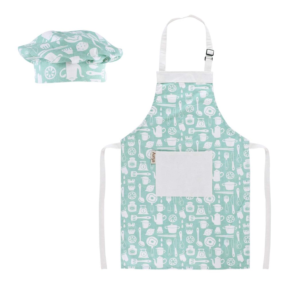 Aurya Kids Apron and Chef Hat Set-Adjustable Child Apron for Boys and Girls for Cooking Baking Tableware