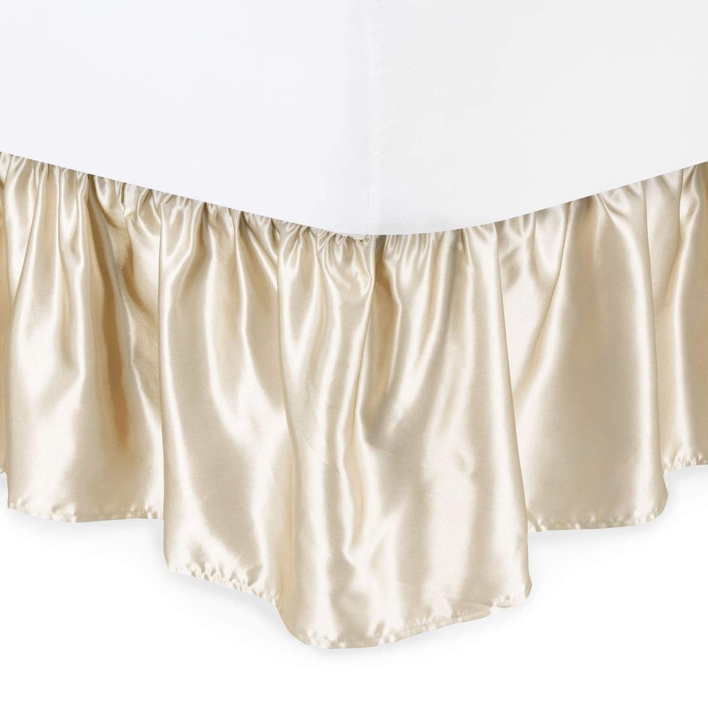 Amuze Bedding Fade Resistance Smooth Satin Silk 1 PC Dust Ruffle Bed Skirt 15 inch Drop (Ivory, King Size) Fully Elastic for Easy Fit Single Ruffled Bedskirt
