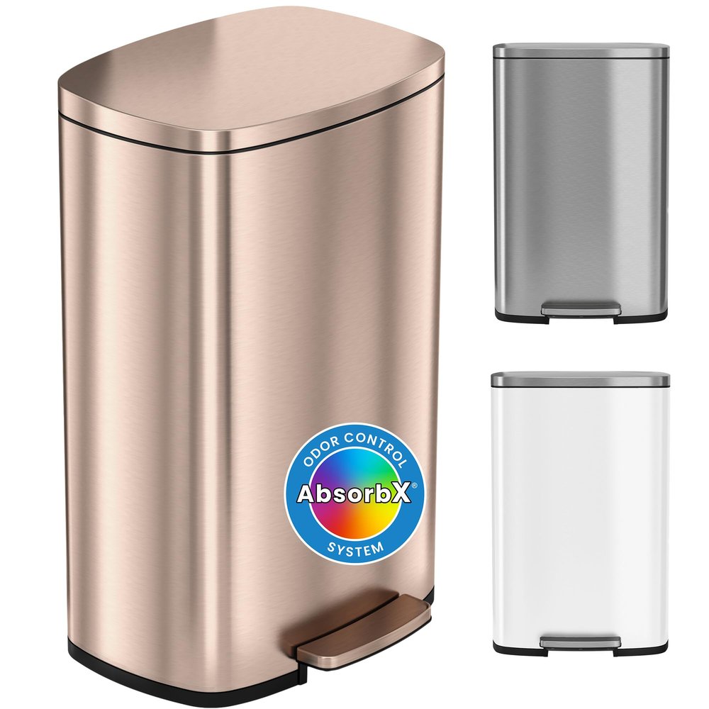 iTouchless 13.2 Gallon Step Trash Can with Odor Control Filter, Stainless Steel Kitchen Garbage Can, 50 Liter, Silent Soft-Close Step Pedal, Fingerprint-Proof, Rose Gold