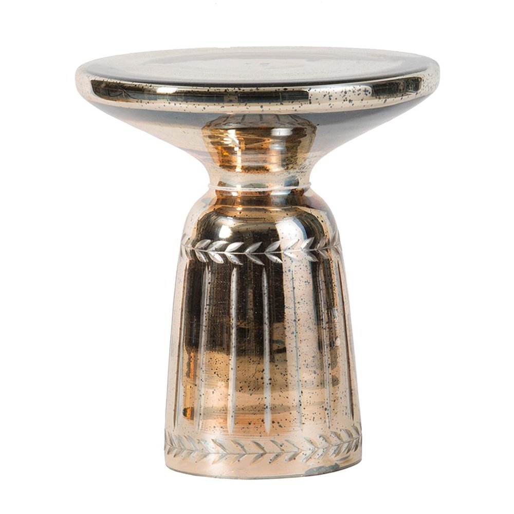 A&B Home AB-77261-GOLD 15.7" H Round Antique Gold Glass Indoor Side Table w/Chalice Base, Laurel Pattern Design