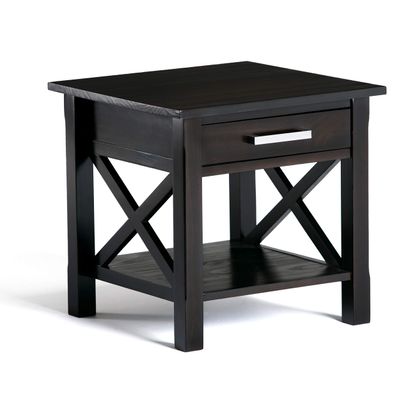 SIMPLIHOME Kitchener End Table - 21 inch Wide Solid Wood Square Accent Table with Drawer and Open Shelf in Hickory Brown, Contemporary Nightstand or Lamp Stand with X-Design for Living Room or Bedroom