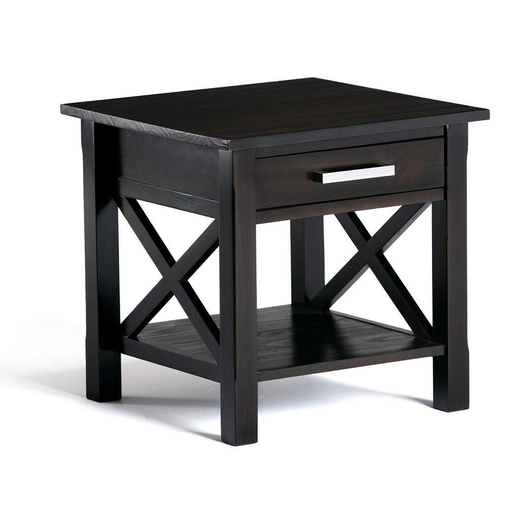 SIMPLIHOME Kitchener End Table - 21 inch Wide Solid Wood Square Accent Table with Drawer and Open Shelf in Hickory Brown, Contemporary Nightstand or Lamp Stand with X-Design for Living Room or Bedroom