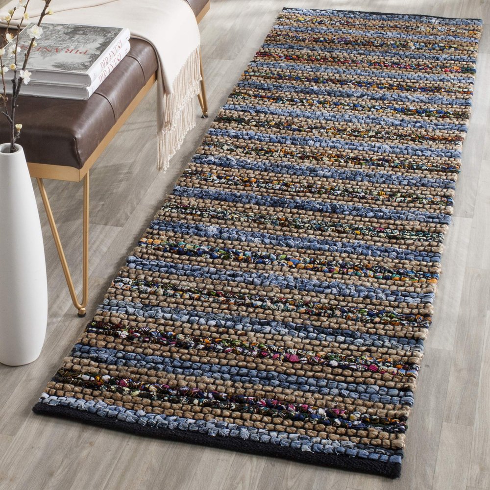 SAFAVIEH Cape Cod Collection Runner Rug - 2'3" x 10', Blue & Multi, Handmade Flat Weave Braided Stripe Cotton & Jute, Ideal for High Traffic Areas in Living Room, Bedroom (CAP361A)