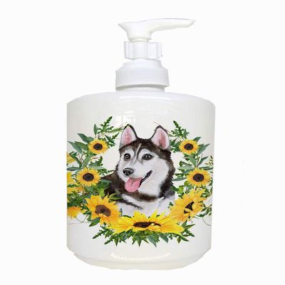 Caroline's Treasures CK2904SOAP Siberian Husky #2 in Sunflowers Ceramic Soap Dispenser Hand Soap Dispenser Pump Bottles for Bathroom Kitchen, Empty Refillable Liquid Soap Container
