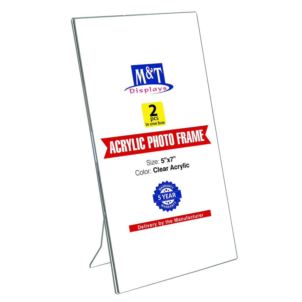 M&T Displays Clear Acrylic Photo Frame 5x7 inch Picture Sign Holder Portrait Desktop Table Stand Desk Menu Advertising Flyer for Restaurant Hotel Office (2 pack)