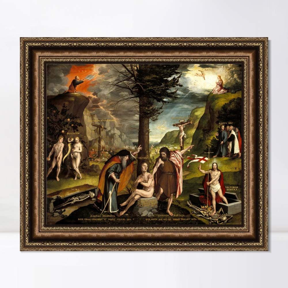 INVIN ART Framed Canvas Art Giclee Print An Allegory of the Old and New Testaments 1530 by Hans Holbein the Younger(Vintage Embossed Gold frame,26"x32")
