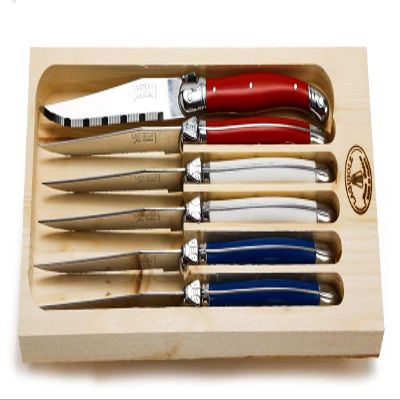 GIFTS PLAZA (D) French Hand Made 6 Steak Cutlery Paris Colors in Open Box, Vintage