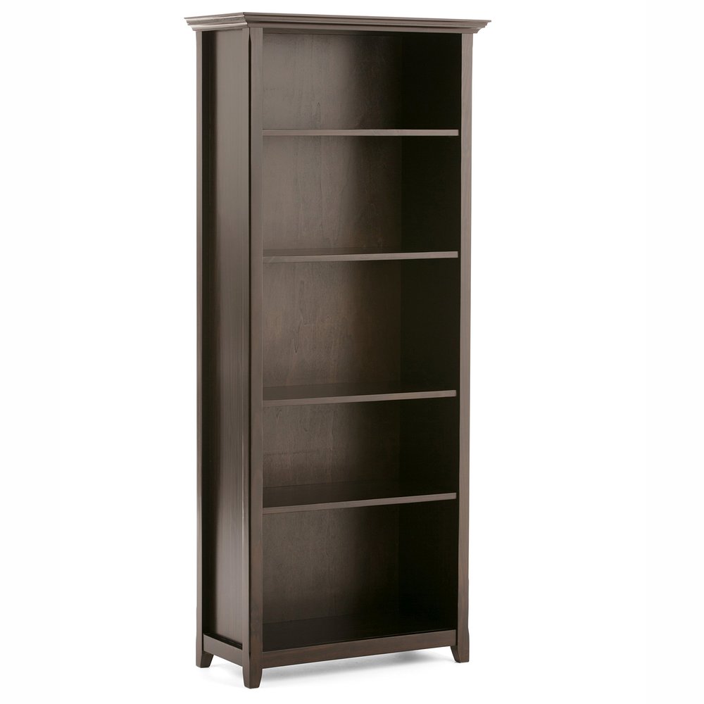 SIMPLIHOME Amherst Bookcase - 70 inch Tall 5-Shelf Solid Wood Bookshelf in Hickory Brown, Transitional Storage for Living Room, Study Room or Office with Adjustable Shelves and Tapered Legs