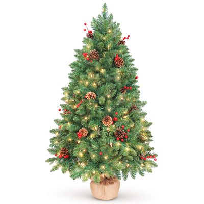 LIFEFAIR 4FT Prelit Christmas Tree, Artificial Tabletop Xmas Tree, Small Christmas Tree Pre-Decorated with Pinecones and Berries (150 Clear Warm Lights and Realistic 380 Thicken Tips, Cloth Bag Base)