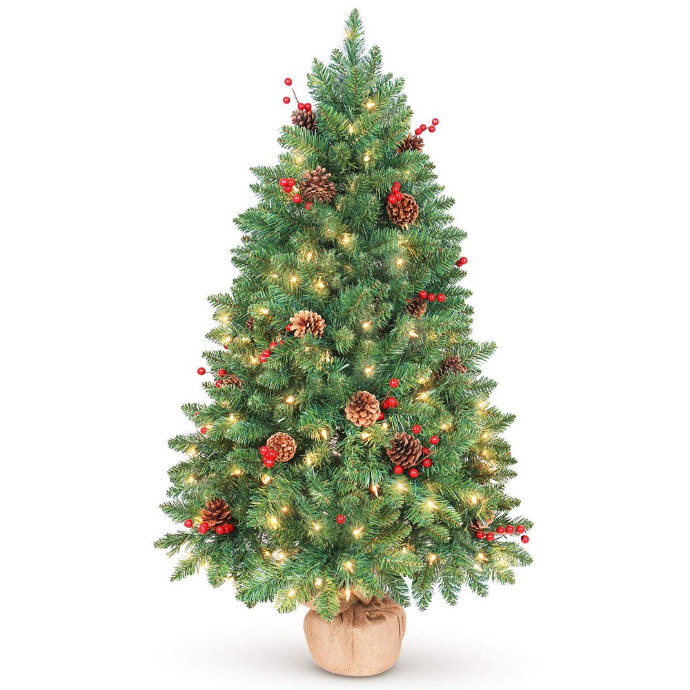 LIFEFAIR 4FT Prelit Christmas Tree, Artificial Tabletop Xmas Tree, Small Christmas Tree Pre-Decorated with Pinecones and Berries (150 Clear Warm Lights and Realistic 380 Thicken Tips, Cloth Bag Base)