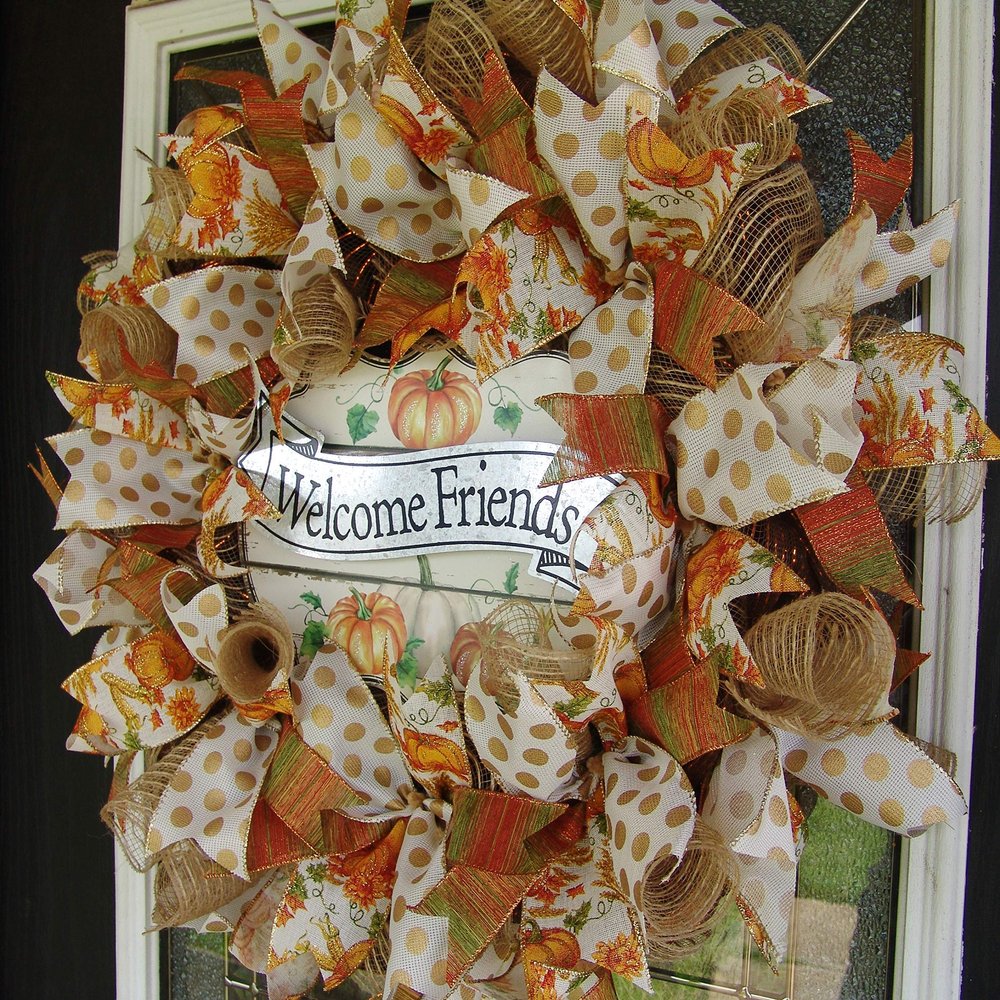 Designer Fall Pumpkins Deco Mesh Front Door Wreath, Thanksgiving Decor, Porch Patio Decoration, Indoor Outdoor, Unique Gift Idea