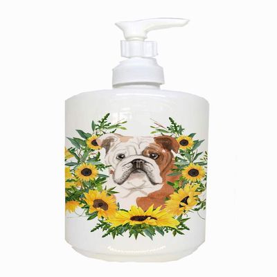 Caroline's Treasures CK2941SOAP English Bulldog in Sunflowers Ceramic Soap Dispenser Hand Soap Dispenser Pump Bottles for Bathroom Kitchen, Empty Refillable Liquid Soap Container