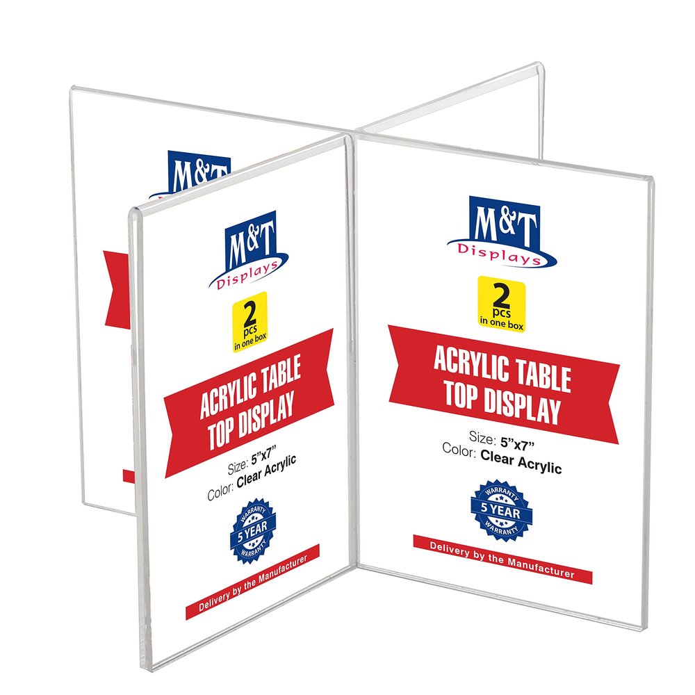 M&T Displays Cross Frame Tabletop 4x(5x7) Inch Picture Sign Menu Holder Acrylic Advertisement Frame for Restaurant Cafe Store Office Wedding Party Event (2 pack)