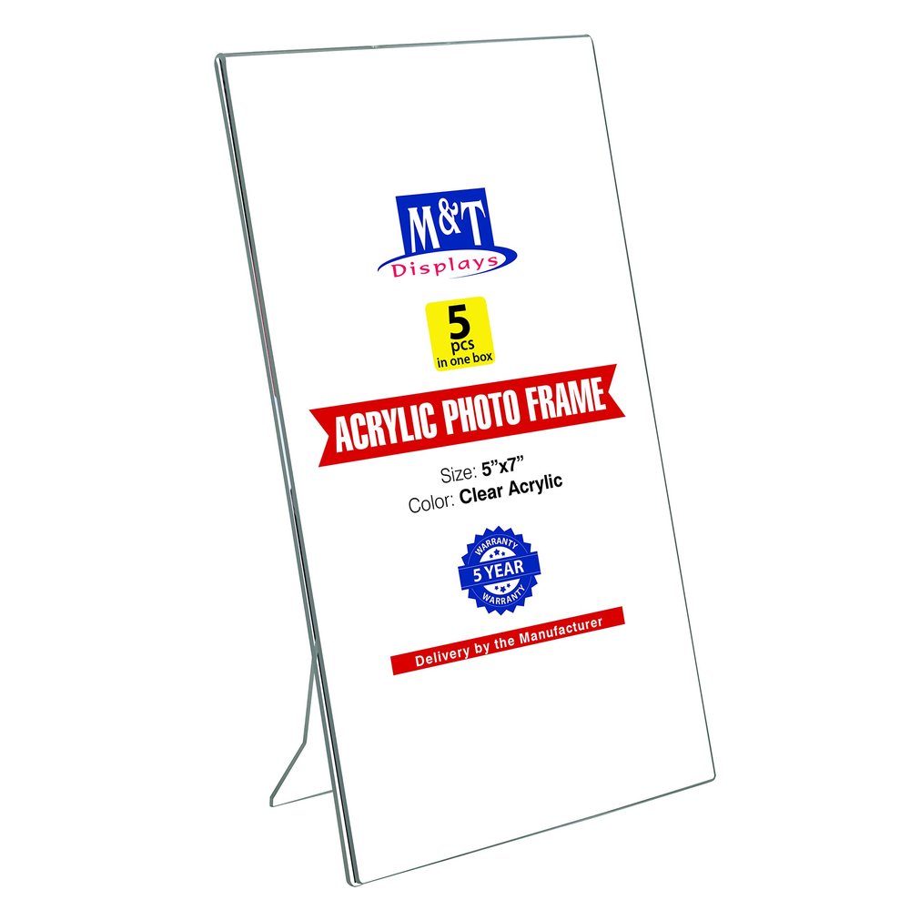 M&T Displays Clear Acrylic Photo Frame 5x7 inch Picture Sign Holder Portrait Desktop Table Stand Desk Menu Advertising Flyer for Restaurant Hotel Office (5 pack)