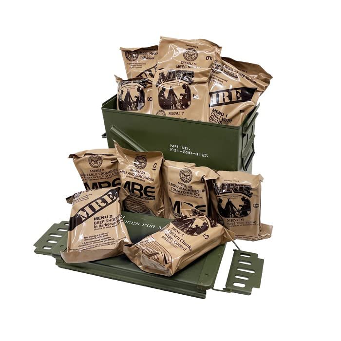 Genuine US Military Meals Ready to Eat (MRE 1 random case of 12 complete meals) Packed in a Grade 1 previously issued U.S. Military M592 30MM Ammo Can | Emergency Survival Food Supply | Waterproof Storage for Camping, Hunting & Disaster Preparednes
