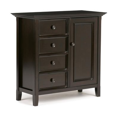 SIMPLIHOME Amherst 37-inch Wide Solid Wood Transitional-Style Storage Cabinet in Hickory Brown, Cabinet with 4 Drawers and Adjustable Shelves for Living Room or Entryway