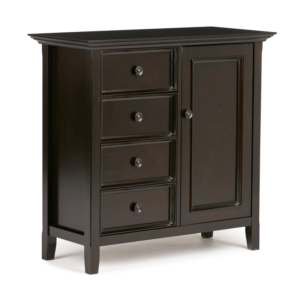 SIMPLIHOME Amherst 37-inch Wide Solid Wood Transitional-Style Storage Cabinet in Hickory Brown, Cabinet with 4 Drawers and Adjustable Shelves for Living Room or Entryway