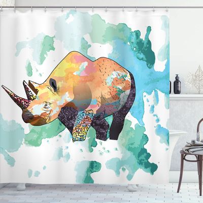 Ambesonne Animal Shower Curtain, Colorful Creature on a Watercolor Style Background Powerful Animal in Sketch Style, Cloth Fabric Bathroom Decor Set with Hooks, 69" W x 84" L, Seafoam Dark Peach