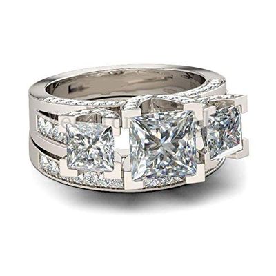 BansrirachaJewelry Engagement Ring Princess Cut Three-Stone AAAAA Zircon Cz 925 Sterling Silver Wedding Band Ring for Women (7)