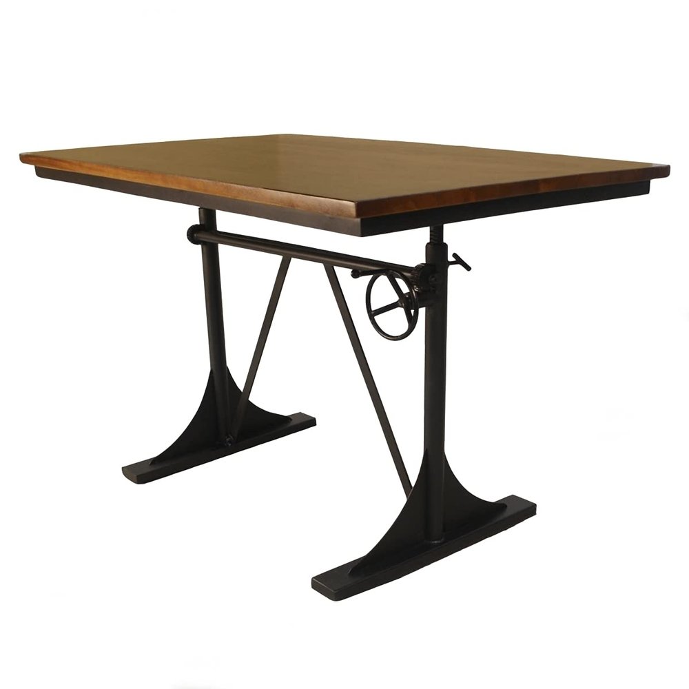 Wood Top Desk with Adjustable Height Industrial Design in Elm and Black Finish
