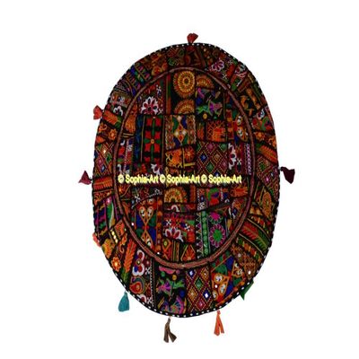 Sophia Art Round Floor Pillow Cushion Patchwork Pouf Ottoman Vintage Indian Foot Stool Bean Bag Floor Pillow Cover Home Decor Living Room Ottoman Bohemain Pillows (Black Rajkoti, 32 Inch)